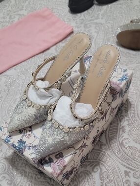 Nicole Miller Silver Embellished Pointed Toe Slingback Heels